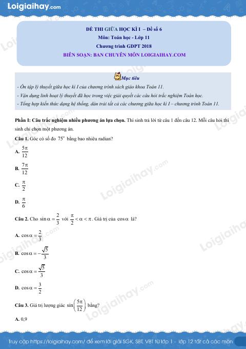 Đề thi giữa kì 1 Toán 11 Cánh diều - Đề số 6